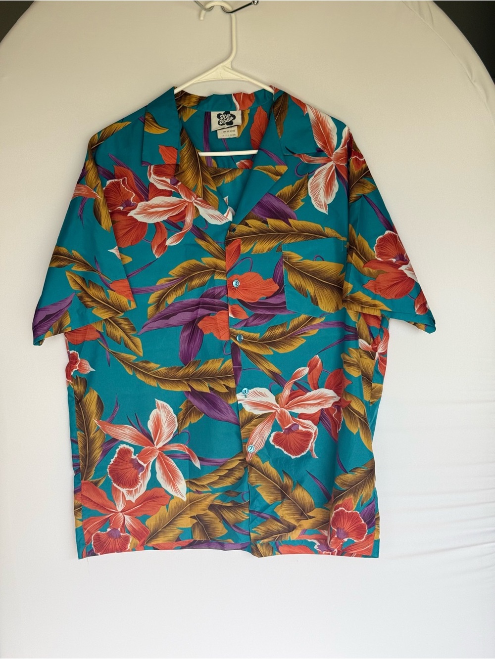 Hilo Hattie Teal Orange Purple Tropical Floral Aloha  Button-Down Shirt Poly